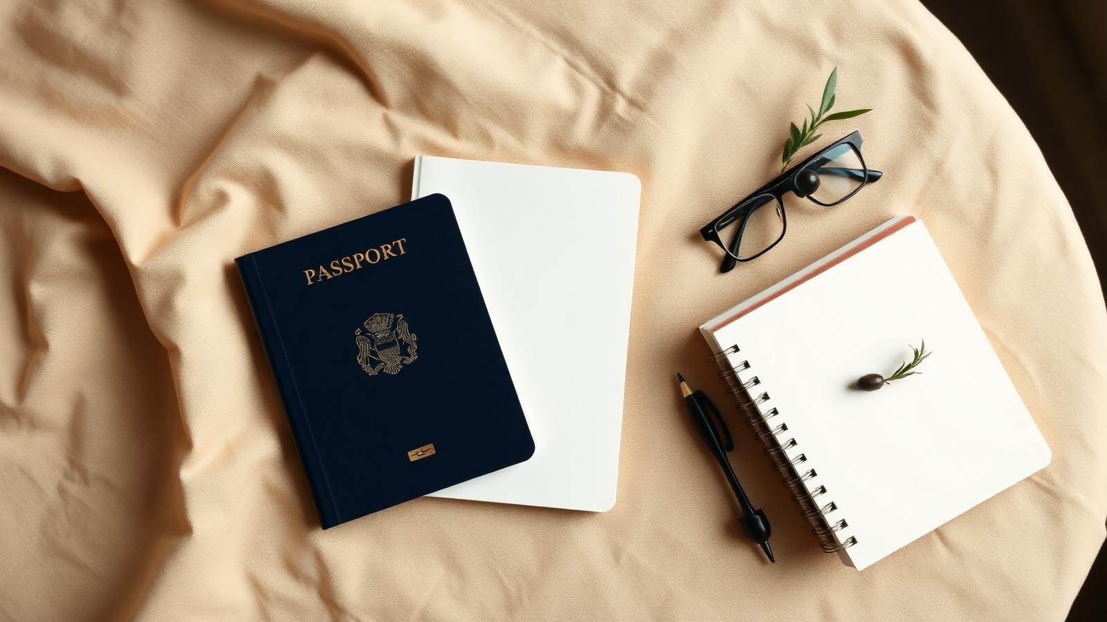 Passports, a notebook and travel documents arranged on a warm desk