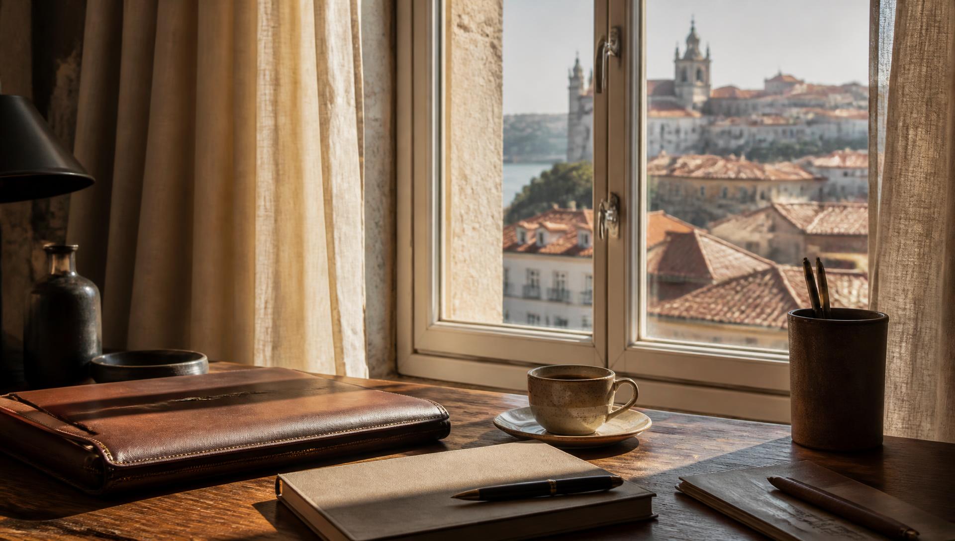 Sunlit Portuguese desk with papers and a thoughtful relocation plan