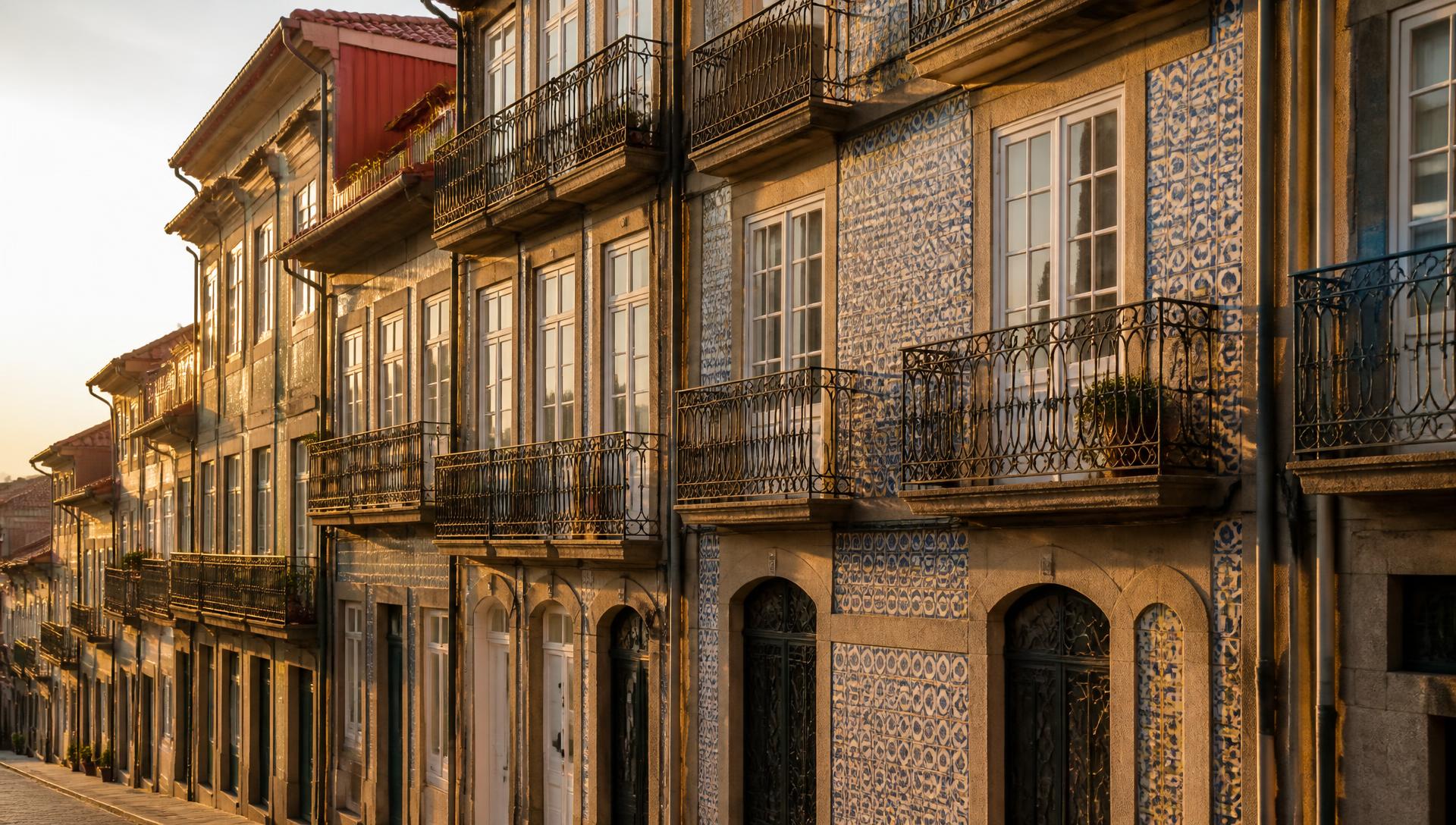 Tiled Portuguese building facades in soft daylight